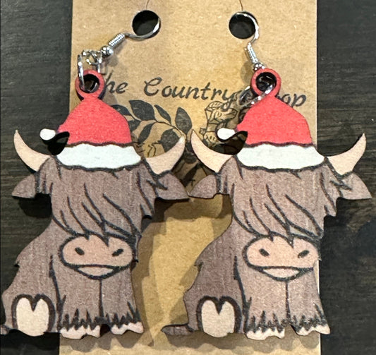 Santa Highland Cow Wood Cut Earrings