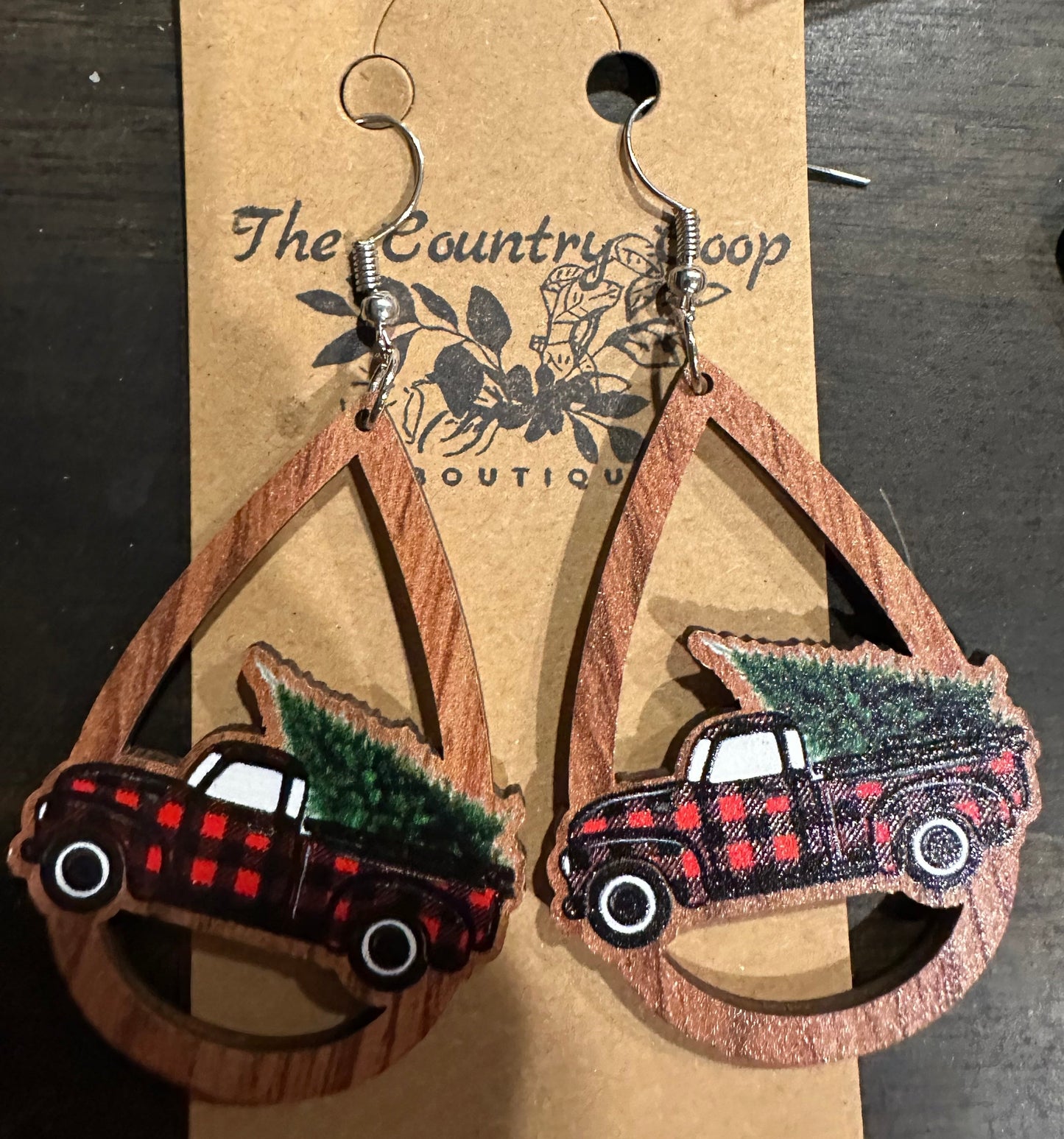 Christmas Rustic Truck Wood Cut Earrings