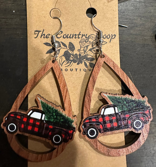 Christmas Rustic Truck Wood Cut Earrings