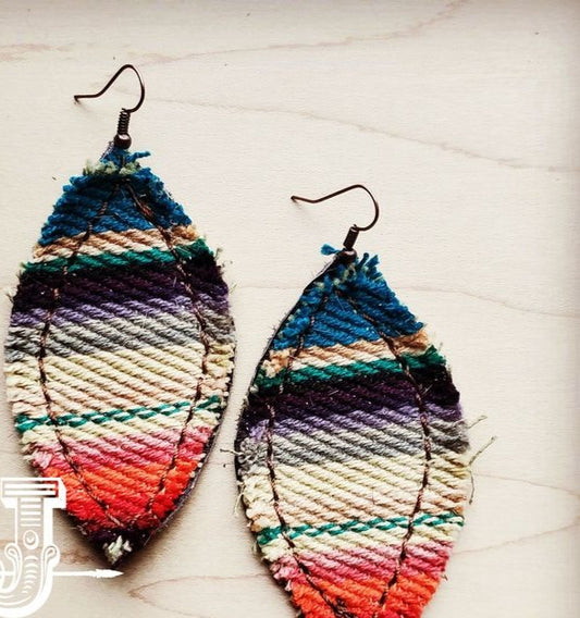 Frayed Serape Earrings w/ Leather Backing-Multi