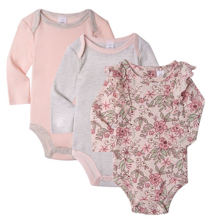 Long Sleeves - 3 Pack Baby Bodysuit Onesies - Ruffled Floral Pink