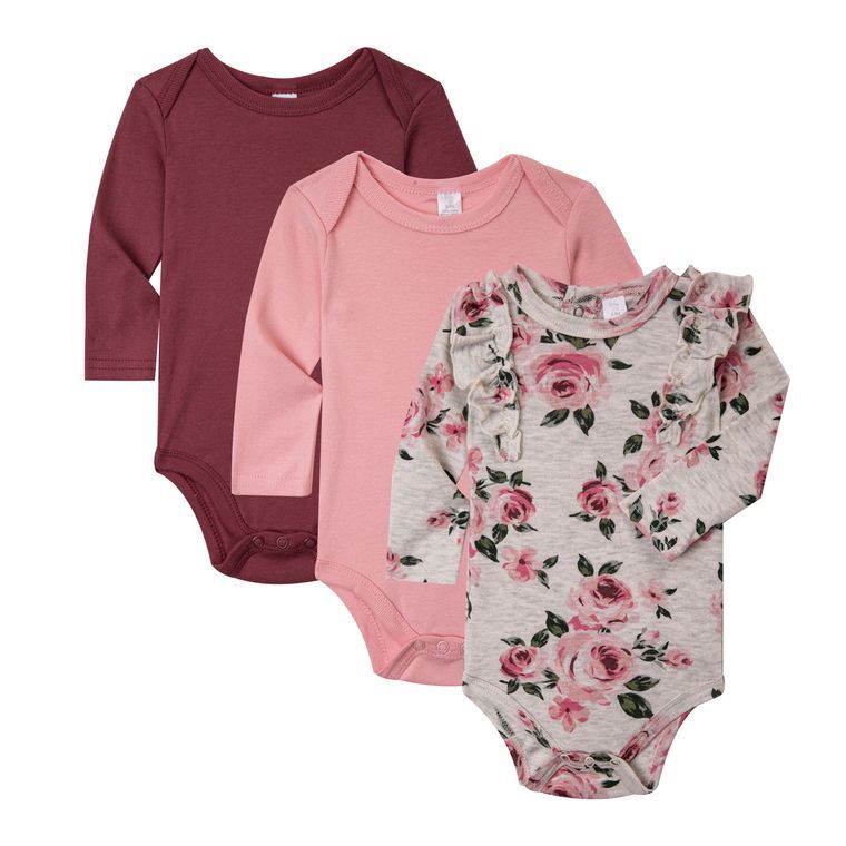 Long Sleeves - 3 Pack Baby Bodysuit Onesies - Ruffled Rose Floral