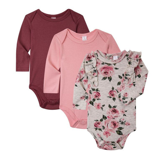 Long Sleeves - 3 Pack Baby Bodysuit Onesies - Ruffled Rose Floral